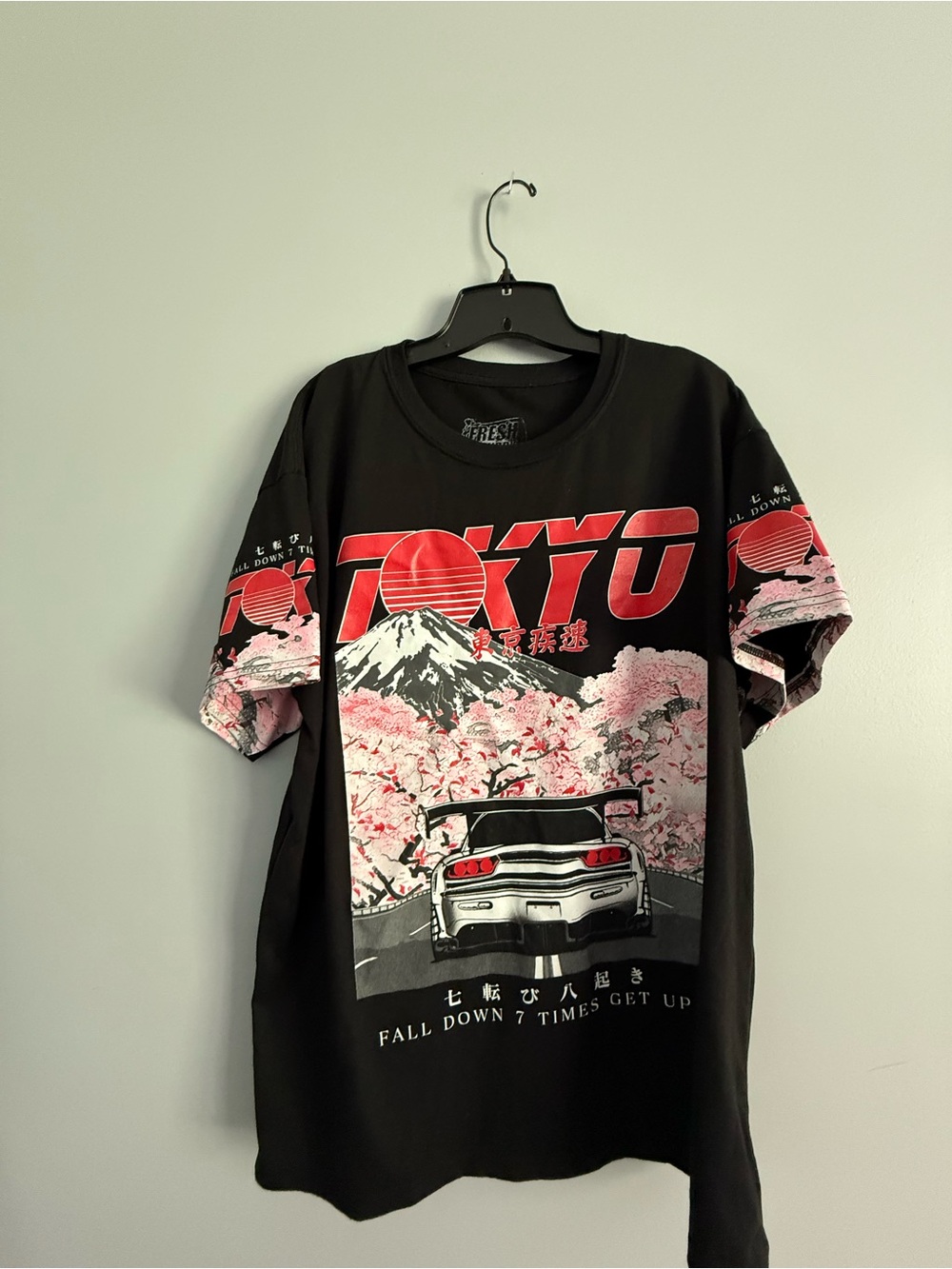 Tokyo Graphic Black Tee with Pink Cherry Blossom Scene Fall 7 times get up 8